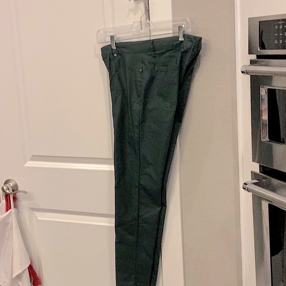 Dark green, pleather, skinny jeans.